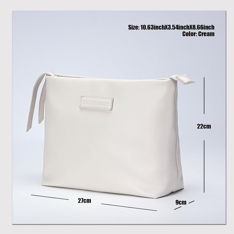 Makeup Bag Organizer - Waterproof PU Leather Cosmetic Bag | Large Travel Clutch Purse (Cream)