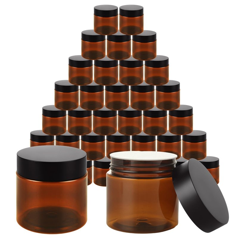 Acrux7 50 Pack 2 oz Amber Plastic Containers with Lids, Empty Amber Plastic Jars Leak Proof 60 ml Small Round Cosmetic Jars for Cream, Lotion, Powder, Scrubs, Bath Salt, Eye Shadow, Beauty Products