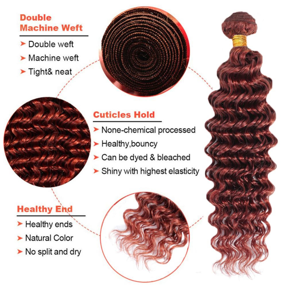 #33 Copper Red Bundles Reddish Brown Human Hair Bundle Brown Deep Wave Bundles 20 22 24 inch Copper Red Deep Wave Bundle