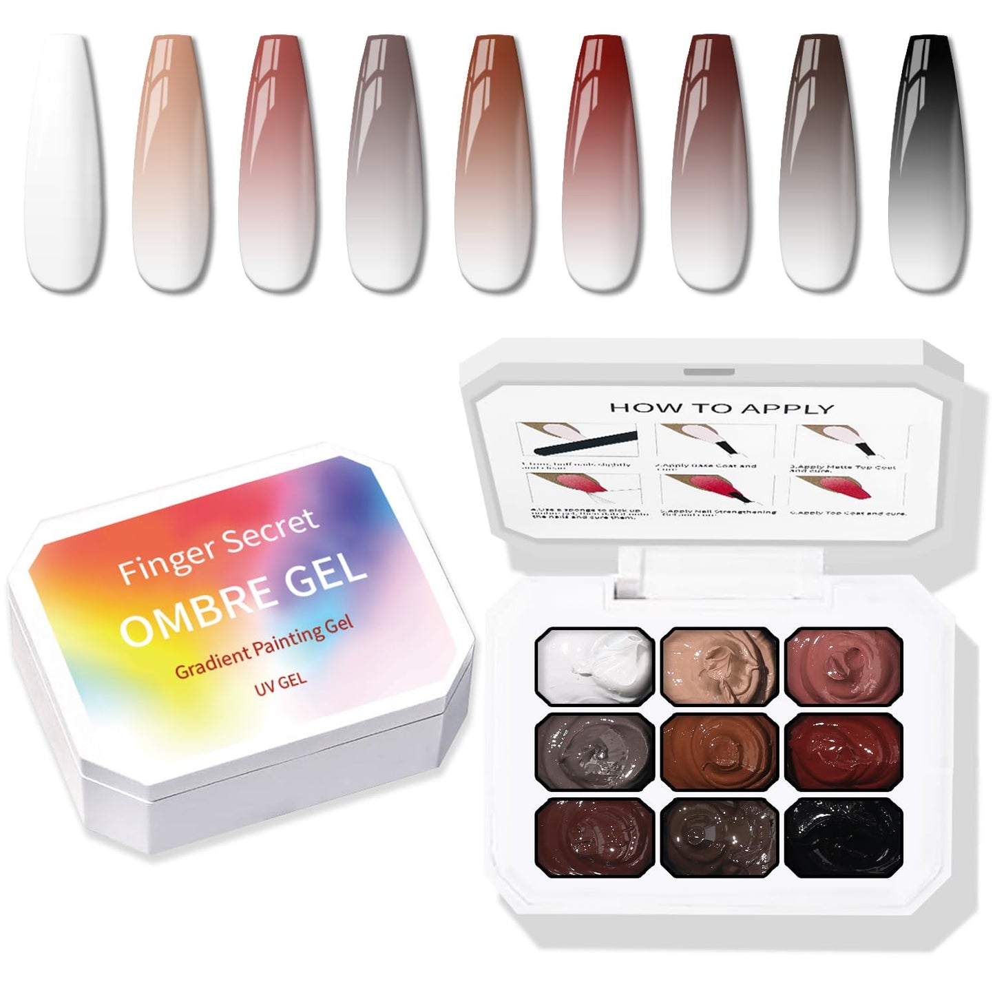 Ombre Nail Gel Set - 9 Colors Sponge Pat Paint for Floral Nail Art, No Wipe, UV/LED Curing
