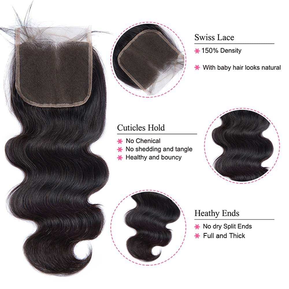 DreamPack Bundles with Closure Human Hair 12 12 12+10 Body Wave Bundles Human Hair with 4x4 Lace Closure 100% Unprocessed Virgin Hair Extensions Natural Color