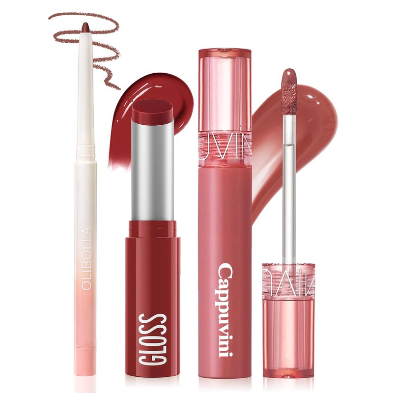 3 Pack Lip Combo Set - Matte Lip Liner Pencil + Hydrating Tinted Lip Balm + Plumping Lip Gloss, Non-Sticky, Long-Lasting, 3-in-1 Lip Makeup Kit for Plump, Hydrated & Glossy Lips (Berry Mousse Set)