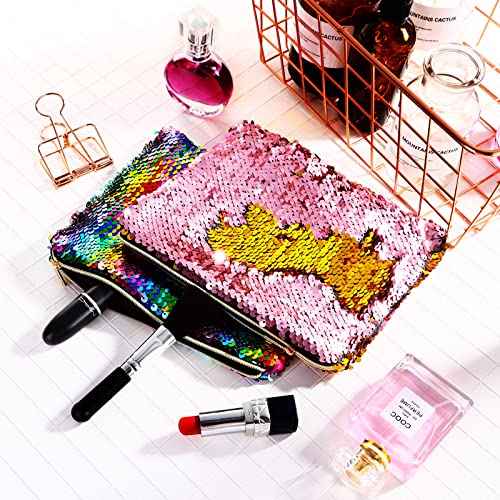 Tatuo 4 Pcs Sequin Makeup Bag Glitter Sequin Purse Rainbow Iridescent Make up Bag Small Reversible Cosmetics Pouch for Women Teacher Graduation Gifts Party Favors