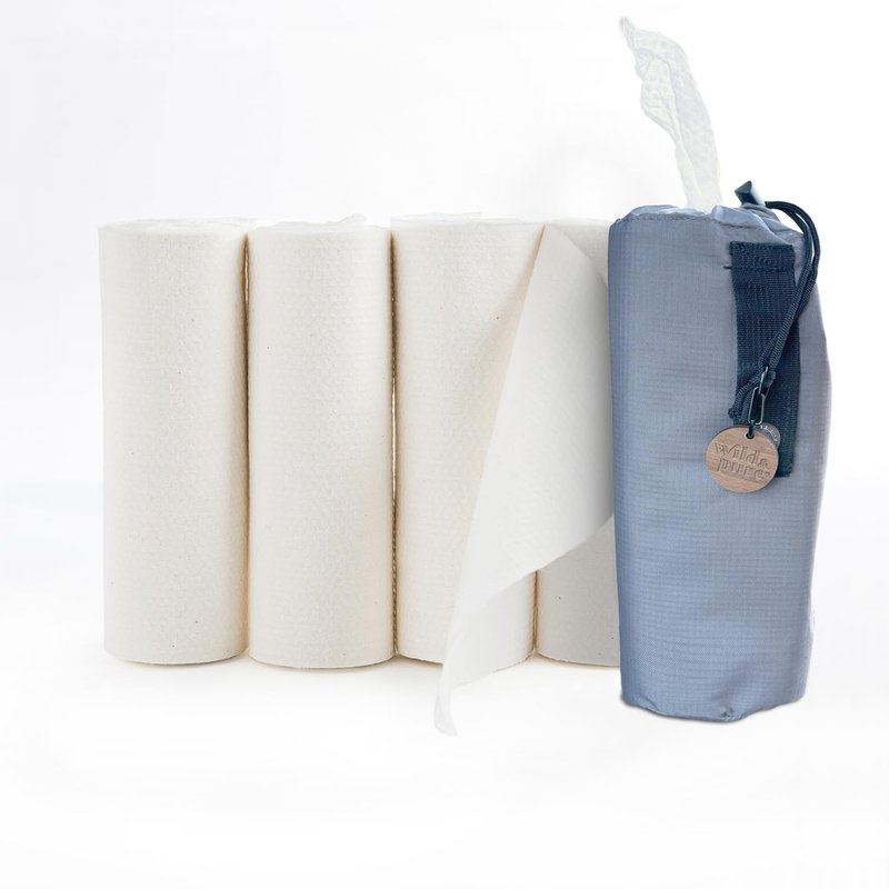 100% Cotton Unbleached Dry Wipes & Refillable Adventure-Ready Dispensing Bag + 4 Refills (5 Rolls total, 30 sheets each) | Soft, Absorbent, Reusable/Disposable Wipes | Wild & Pure