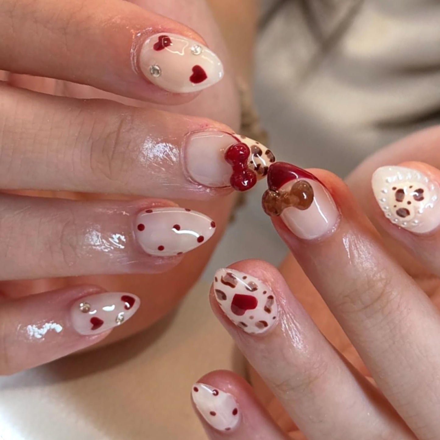 HOSAILY Polka Dot Press on Nails Short Almond, 3D Cute Bow Valentines Fake Nails with Heart Pearl Leopard Design, 24pcs Glossy Red French Rhinestones Glue on Nails, Stick on Nails Press ons for Women
