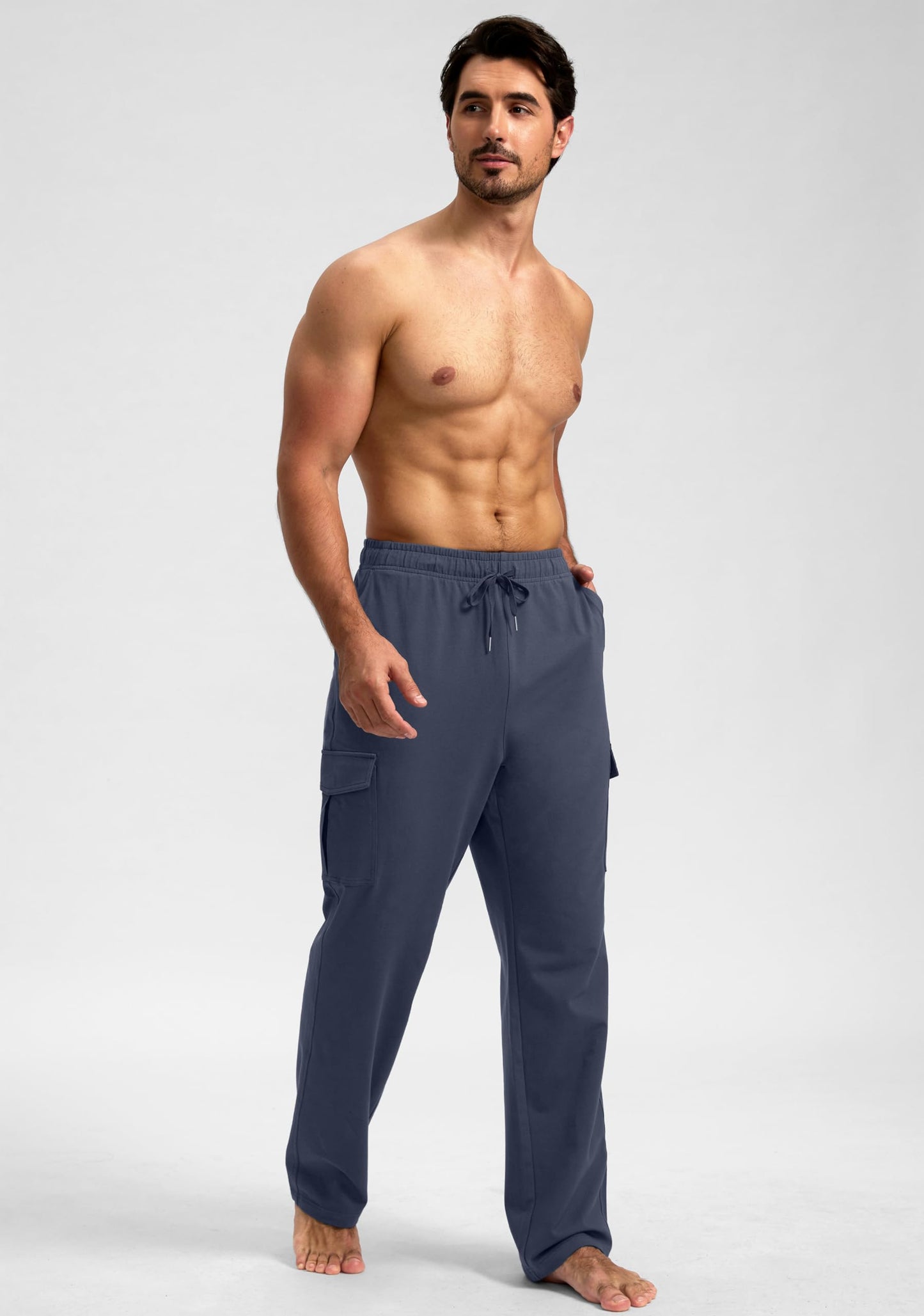 Pudolla Men's Cotton Sweatpants with Cargo Pockets Open Bottom Yoga Pants for Men Lounge Pants for Athletic Workout Casual(Dusty Blue 3X-Large)