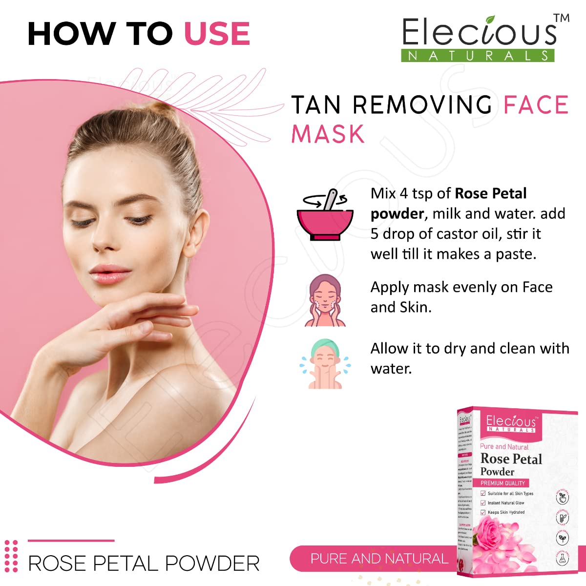 Elecious Pure Rose Petals Powder for Face, Skin and Hair Chemical-Free, Preservative Free, Non-GMO, No Artificial Color Added Moisturizes Dry Hair Cells 200gm