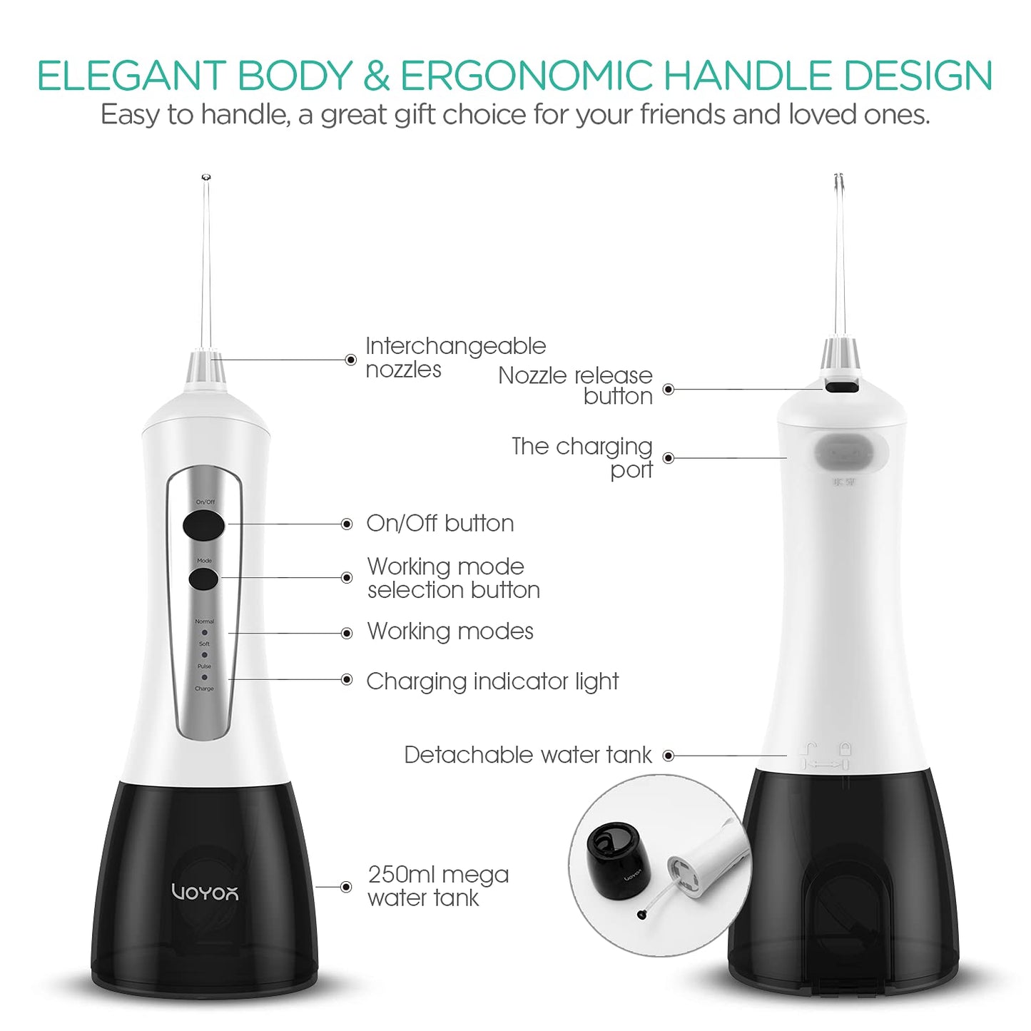 VOYOR Water Flosser Oral Irrigator Cordless Rechargeable Dental Water Jet Flosser with 3 Working Modes, IPX7 Waterproof for Teeth, Brace, Bridges Care WF200 (Gray)