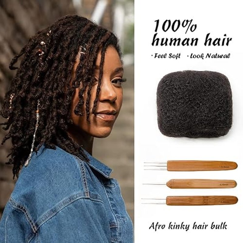 Tight Afro Kinky Bulk 100 £¥ Human Hair for Draedlock Extensions, Repair Locs, Twists and Braids 3 Bundles/Package (8 Inch, 1B - Natural Black)