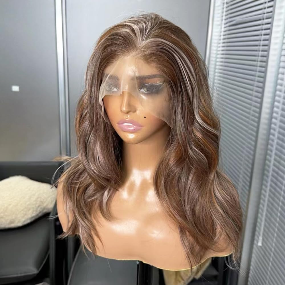 hallokiki Futura Hair 13x6 HD Synthetic Lace Front Wig,Japanese Fiber 16 Inch Mixed Brown Lace Front BOb Wig, Pre-Plucked Hairline Long Straight Curly Glueless Wigs, Layered Wigs for Women Daily Use