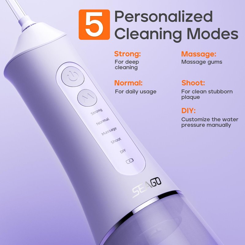 SEAGO Water Dental Flosser Cordless for Teeth, 5 Modes and 7 Nozzles, Dental Water Flosser 300mL, DIY Mode Memory Function, IPX7 Waterproof Dental Flosser, SG8019 Purple