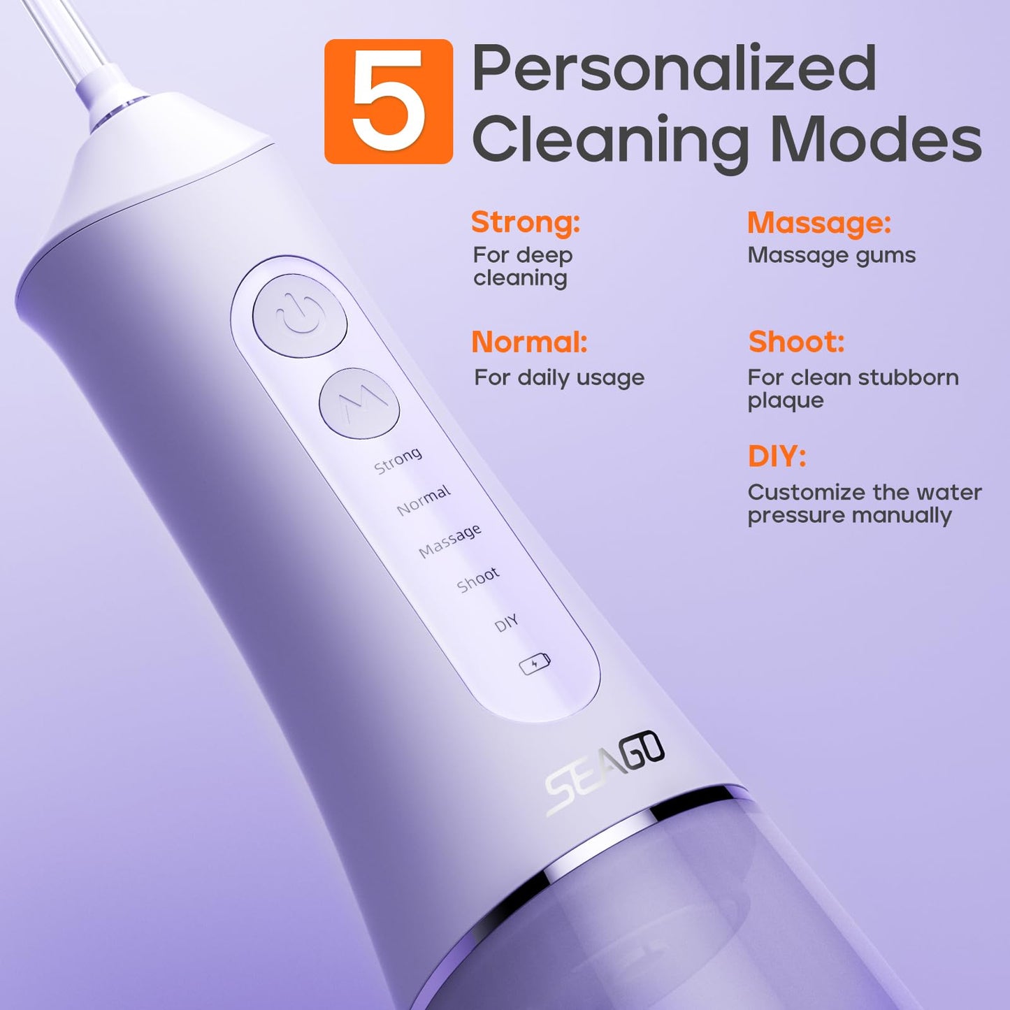 SEAGO Water Dental Flosser Cordless for Teeth, 5 Modes and 7 Nozzles, Dental Water Flosser 300mL, DIY Mode Memory Function, IPX7 Waterproof Dental Flosser, SG8019 Purple