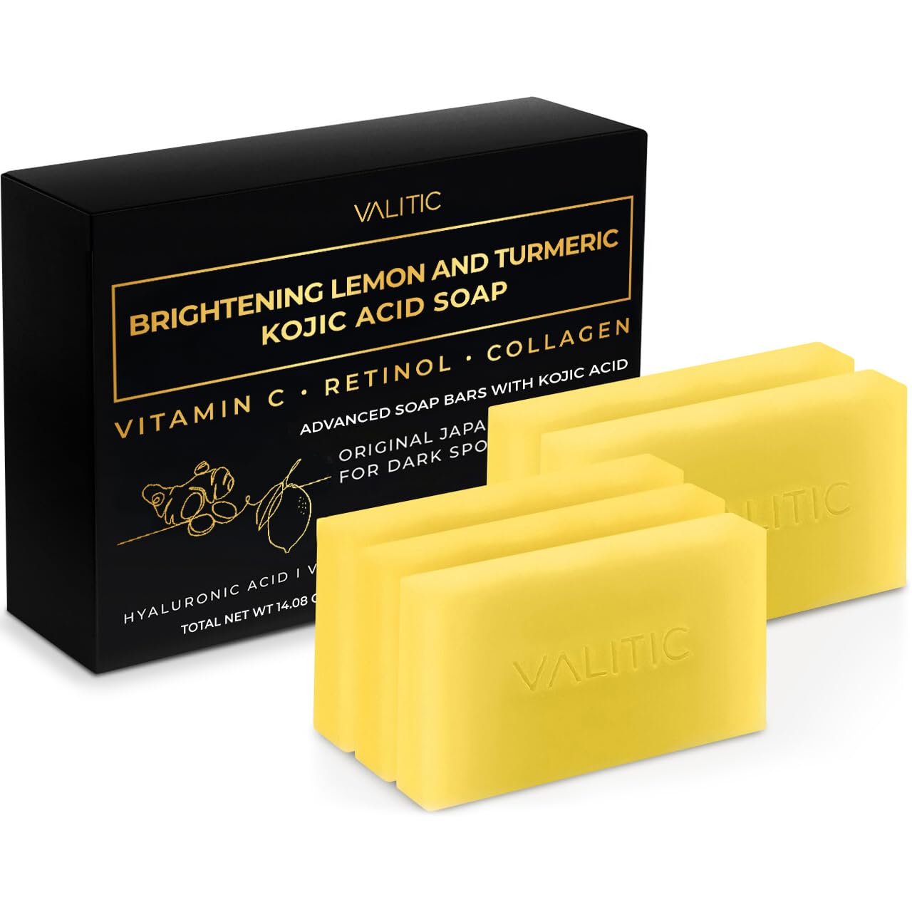 Brightening Kojic Acid Soap with Lemon & Turmeric - Dark Spot Corrector | 5 Pack with Vitamin C & Hyaluronic Acid