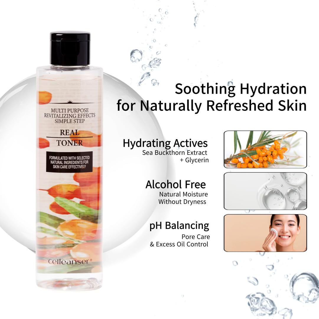 CELLEANSER Real Toner-Facial Toner with Sea Buckthorn Extract for Soothing, Revitalizing and Hydrating Skin, Alcohol-Free, Vegan, 6.76 oz