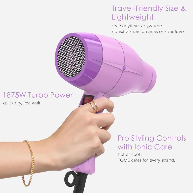 TOME Hair Dryer with Diffuser - 1875W Ionic Blow Dryer with Comb & Concentrator | Fast Drying, 2 Heat & 2 Speed Settings, Purple
