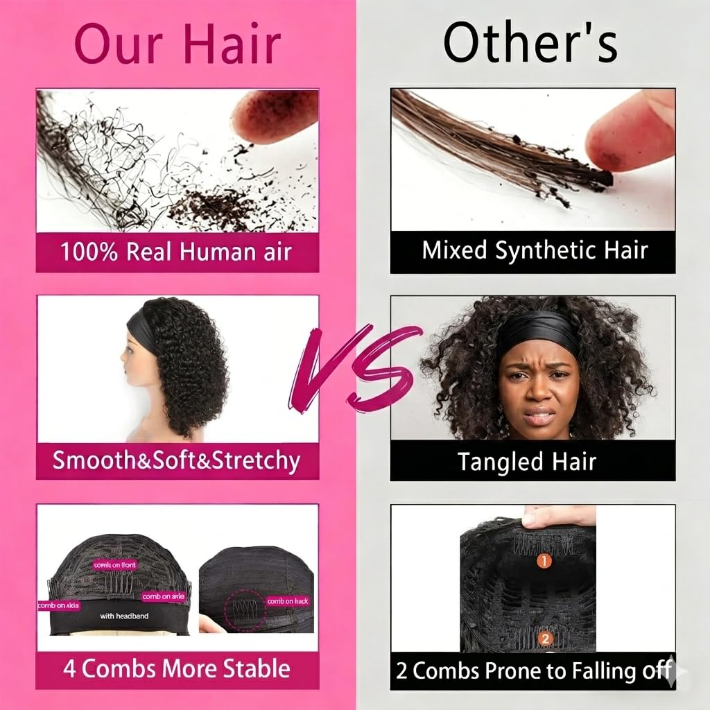 Punmasa Headband Wig Human Hair Deep Wave 150% Density None Lace Front Wig Human Hair Machine Made Wigs 14 inches Headband Curly Human Hair Wigs for Women Natural Color Half wigs