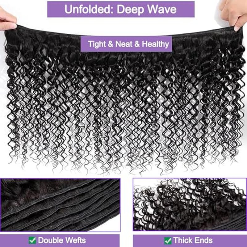 12A Brazilian Deep Wave Human Hair 3 Bundles 10 12 14 Inch 100% Unprocessed Brazilian Virgin Human Hair Weave Bundles Curly Wave Hair Extensions Natural Color