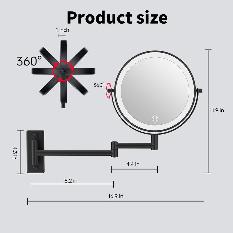 LANSI Wall Mounted Makeup Mirror with Lights, 8" Bathroom Vanity Magnifying Mirror Wall Mount with 1X/10X Magnification and Extendable Arm,Black