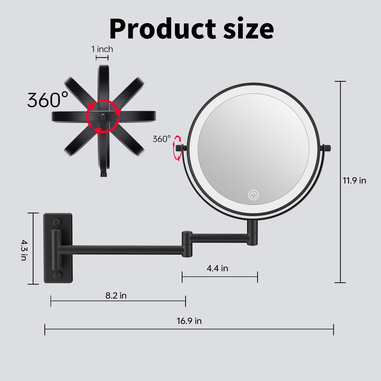 LANSI Wall Mounted Makeup Mirror with Lights and 1X/10X Magnification,Black