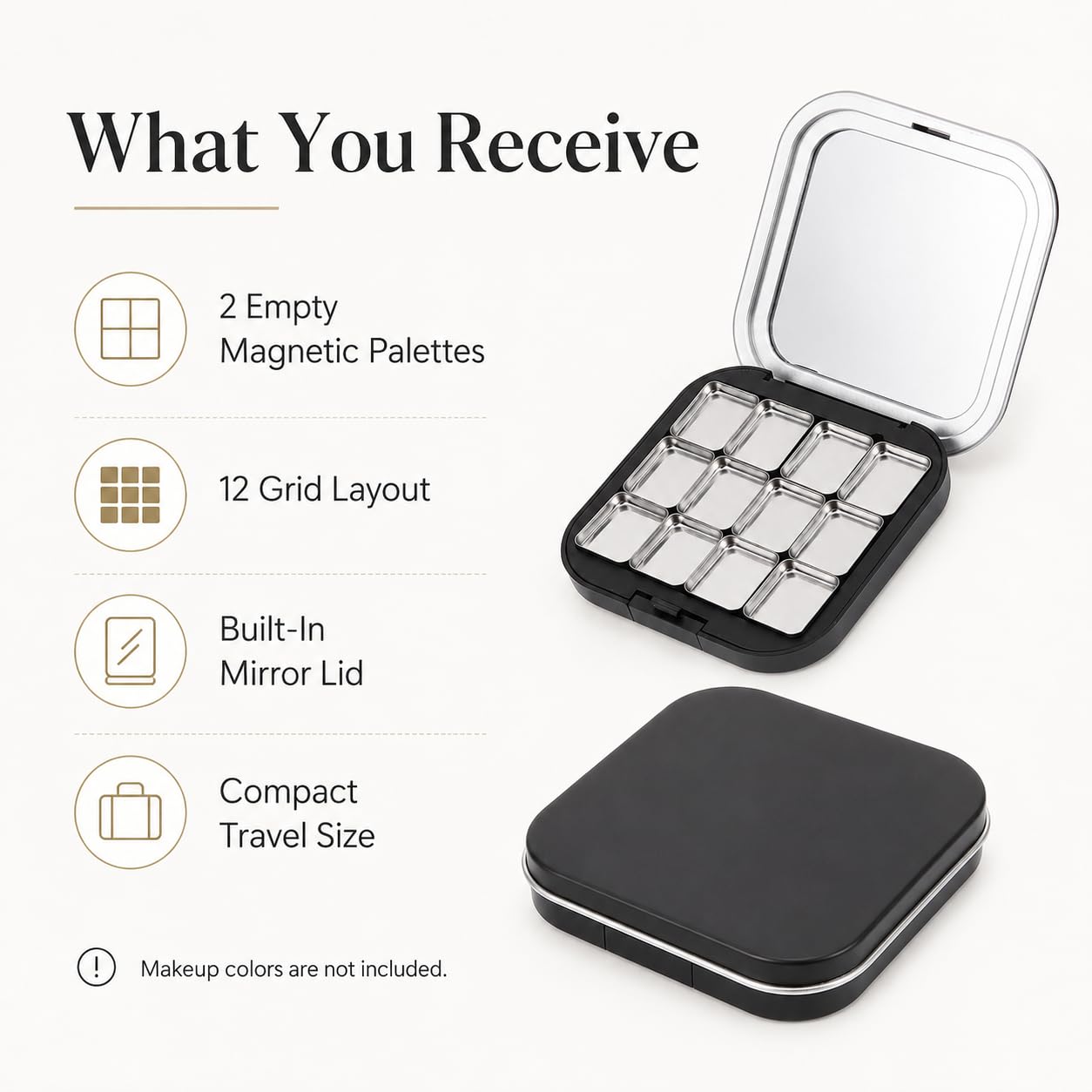 FRCOLOR 2 Pack Magnetic Makeup Palette Empty, Small Empty Eyeshadow Palette with 12 Grids, Mini Travel Makeup Organizer, Refillable Cosmetic Pan Case for DIY Depotting Blush Lipstick Contour Powder
