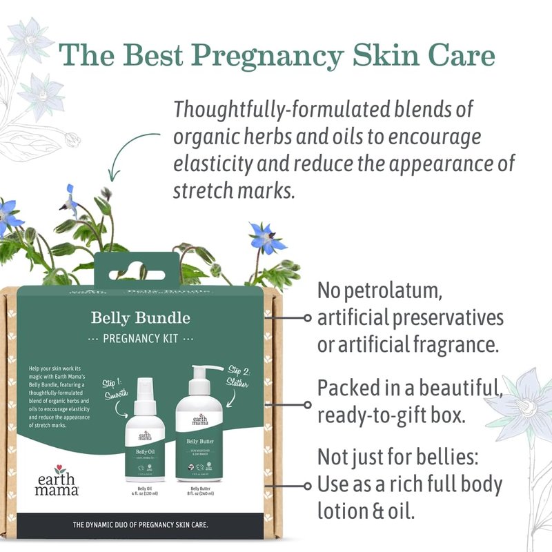 Earth Mama Belly Bundle Pregnancy Kit - 8 fl oz Butter & 4 fl oz Oil - Self Care Gift Set for Pregnancy & Postpartum Skin Care Recovery - Maternity & Postpartum Essentials