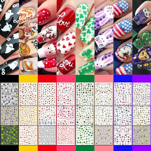 30 Sheets 8 Holiday Nail Art Stickers, Variety Pack All Season Nail Decals for All Year, Self-Adhesive Pegatinas U?as 4th of July Halloween Fall Christmas Valentine St. Patrick's