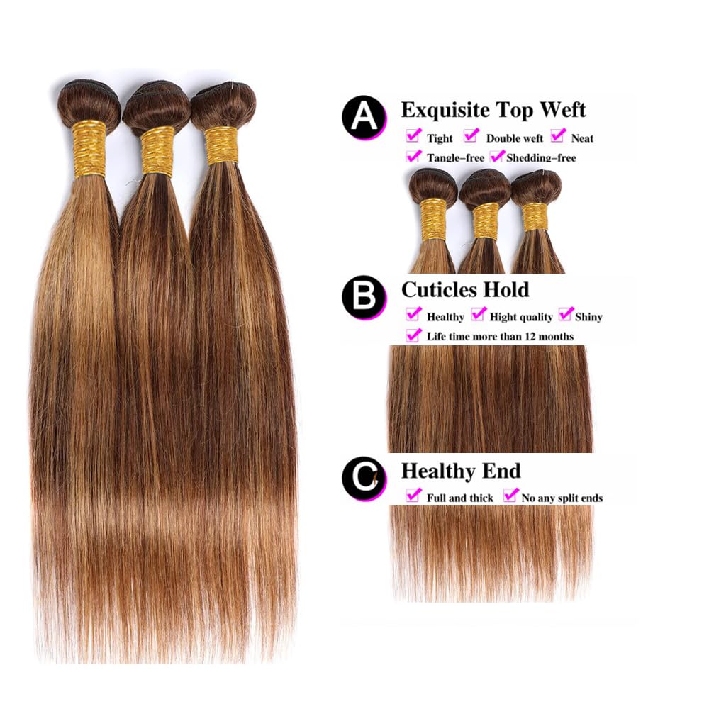 QEUOPE P427 Highlight Blonde Straight Human Hair Bundles Double Weft Brazilian Hair Extensions Ombre Two Tone Blonde Mixed With Brown Bundles for Women 8 10 12 inch