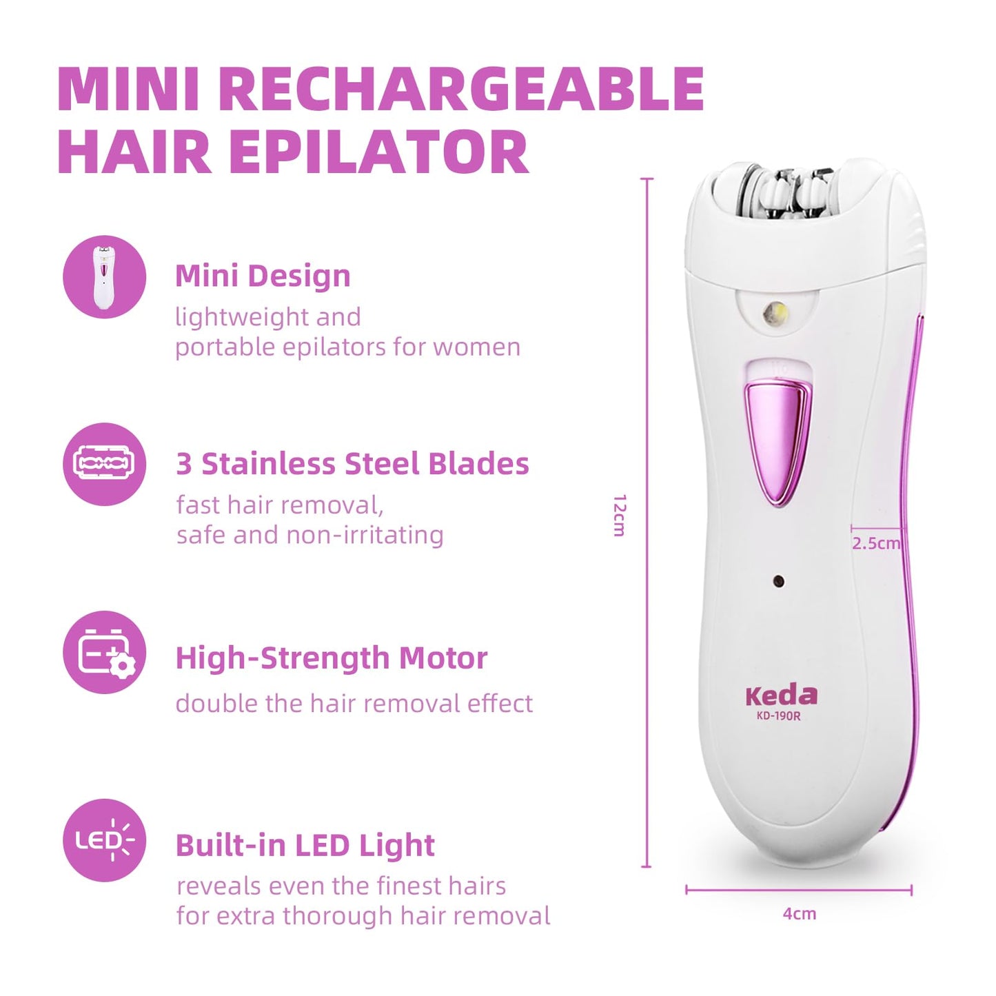 Smooth Glide Epilator for Women, Portable Hair Removal Device for Women, Rechargeable Smooth Glide Epilator with LED Light for Facial, Armpit, Bikini and Leg