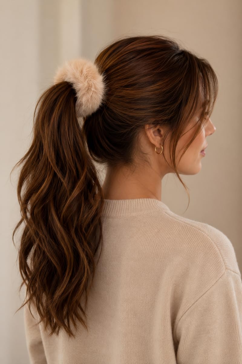 surell Mink Pom Ponytail Holder - Gentle Damage Free Hair Tie - Hair Beauty Accessories - Mink Fur Womans Girls Hair Care Gift (Beige)