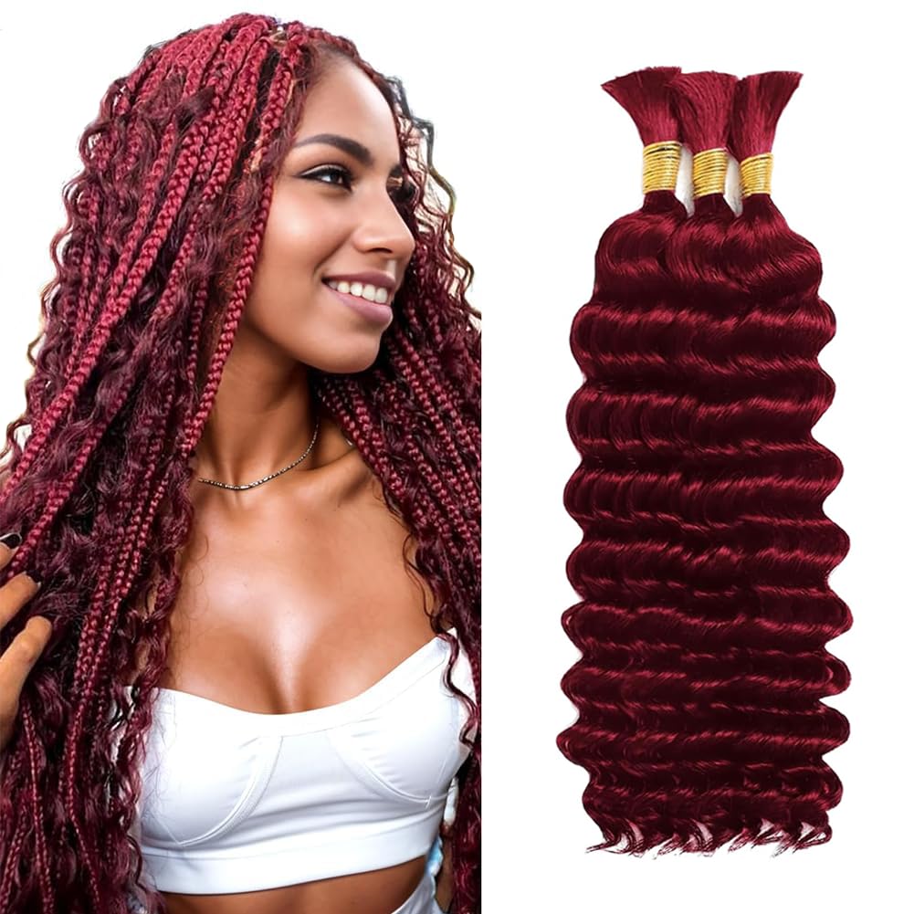 Human Braiding Hair - 150g Deep Wave Curly Extensions for Boho Braids | 24 Inch, 99J Burgundy Color