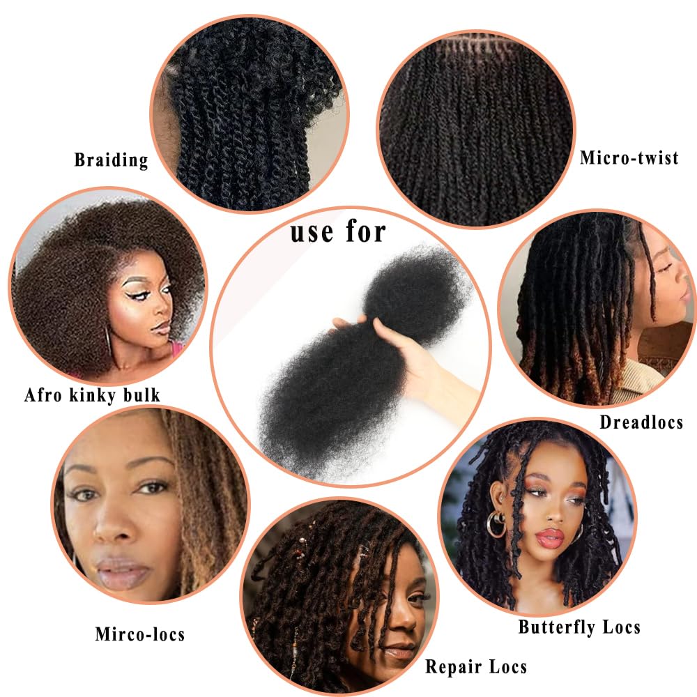 Afro Kinky Bulk Human Hair Extensions - 50g Braiding Hair for Twists, Locs & Dreadlocks | 22" | Color 1B