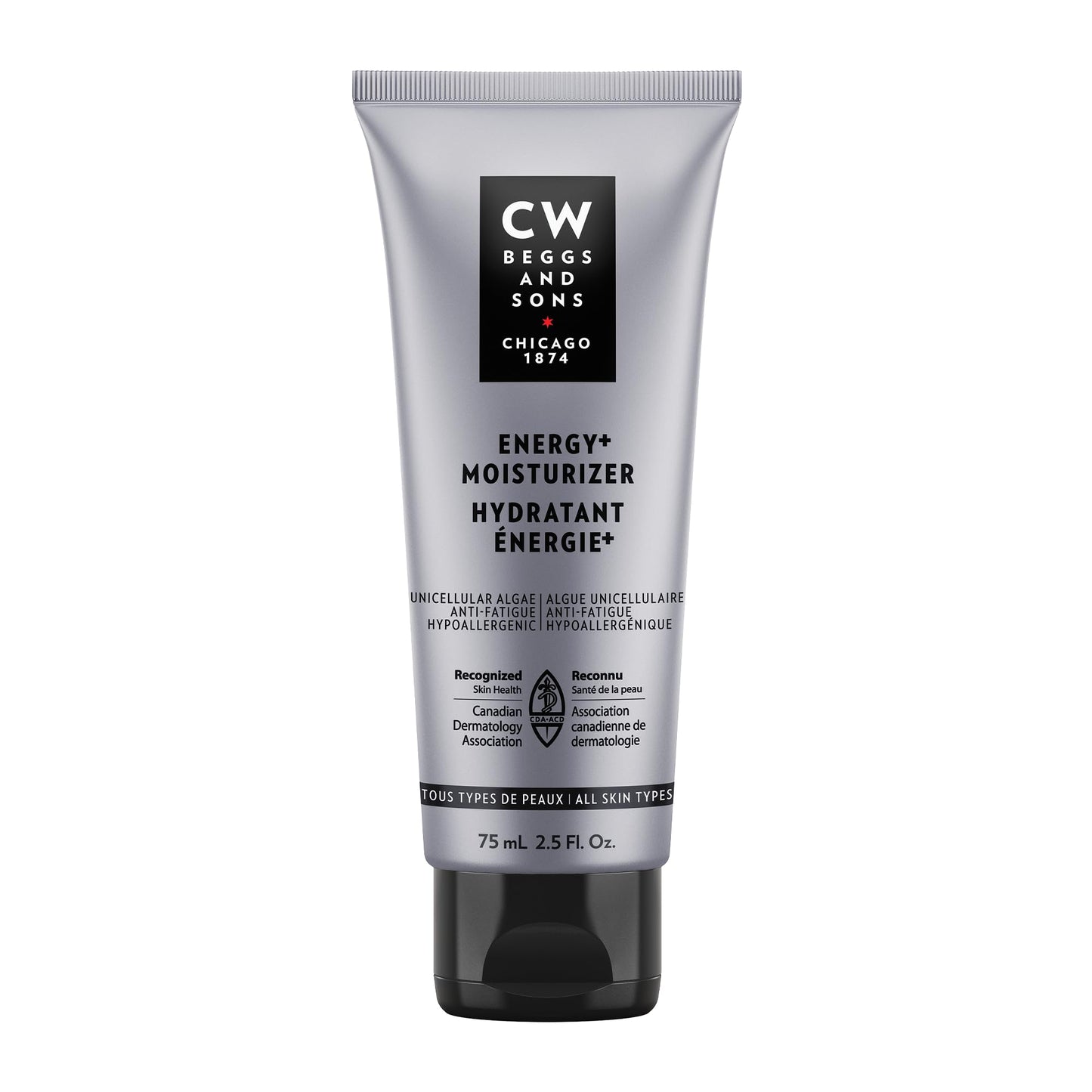 CW Beggs Energy+ Moisturizer for Men, Normal to Dry Skin, Anti-Fatigue Face Cream, Hypoallergenic, Fragrance-Free, Paraben-Free, Alcohol-Free, Mineral Oil-Free, Cruelty-Free, 2.5 Fl. Oz.