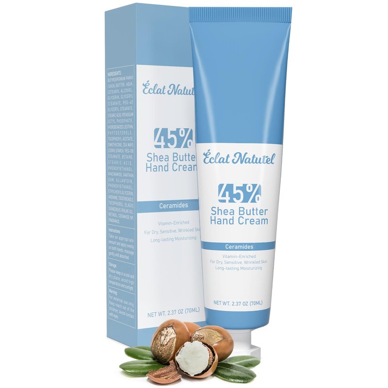 ÉCLAT NATUREL Shea Butter Hand Cream, Made with 45% Shea Butter Moisturizer for Dry Hands, Vitamin E Niacinamide Ceramide Hand Lotion, Radiant Nourish Moisturizing Cream, 2.37 Fl Oz