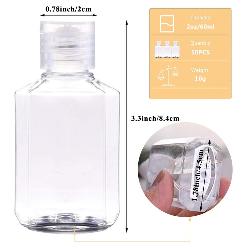 Vankcp 50 Pieces Empty Bottles with Flip Cap, 2 oz Portable Travel Bottle Refillable Cosmetic Bottle Clear Reusable Travel Bottles for Liquid, Lotions, Creams, Shampoo and Toiletries (60 ml)