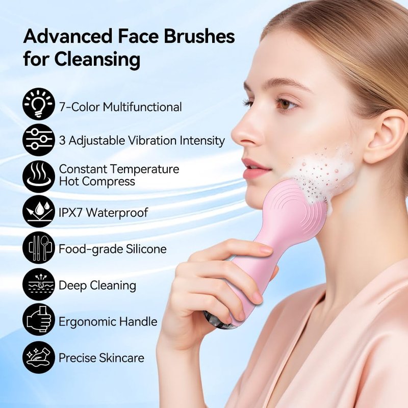 Electric Facial Cleansing Brush - Rechargeable Waterproof Exfoliator with Heat & Vibration | Deep Cleansing & Massage for Men & Women (Pink)