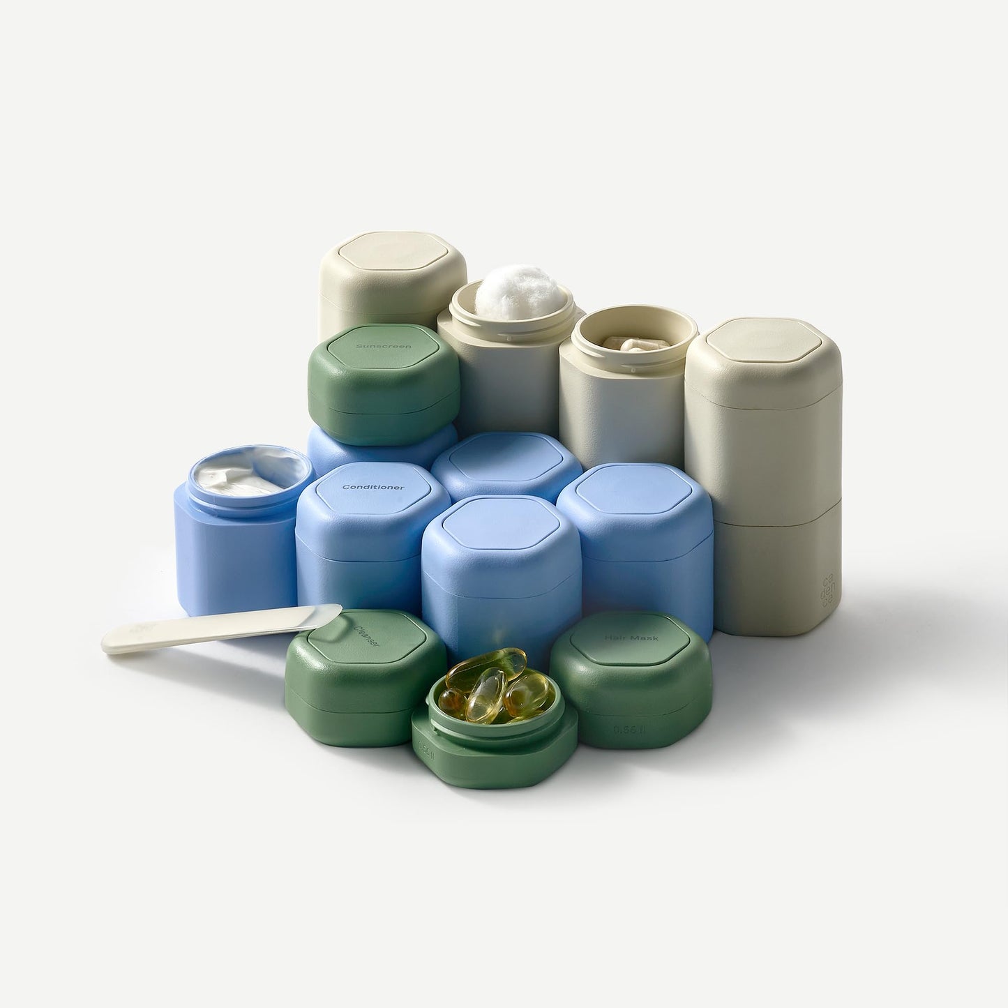 Cadence Travel Containers - 2 Piece Haircare Set - Magnetic Travel Capsules - For Shampoo, Conditioner, Hair Styling Product - 1 Small & 1 Medium Capsule - Shampoo & Conditioner Labels - Petal