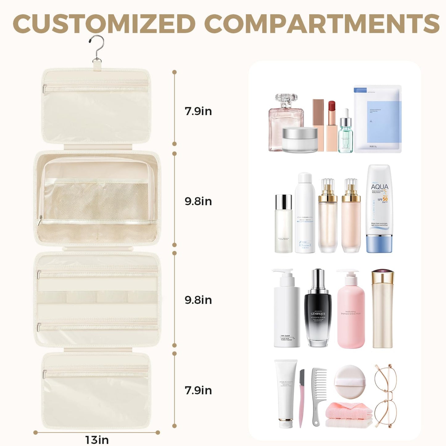 prezon Toiletry Bag for Women, Portable Hanging Organizer, 4 Leakproof Compartments for Full-Sized Conditioners, Brush Sets, Makeup Accessories, Visible and Easy to Access, L, black
