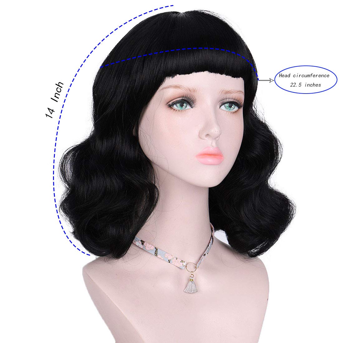 Bybrana Hair 50s Rockabilly Vintage Wavy Black Wig With Bangs - Bettie Page Wig for Woman - Cosplay & Daily Use (14'')