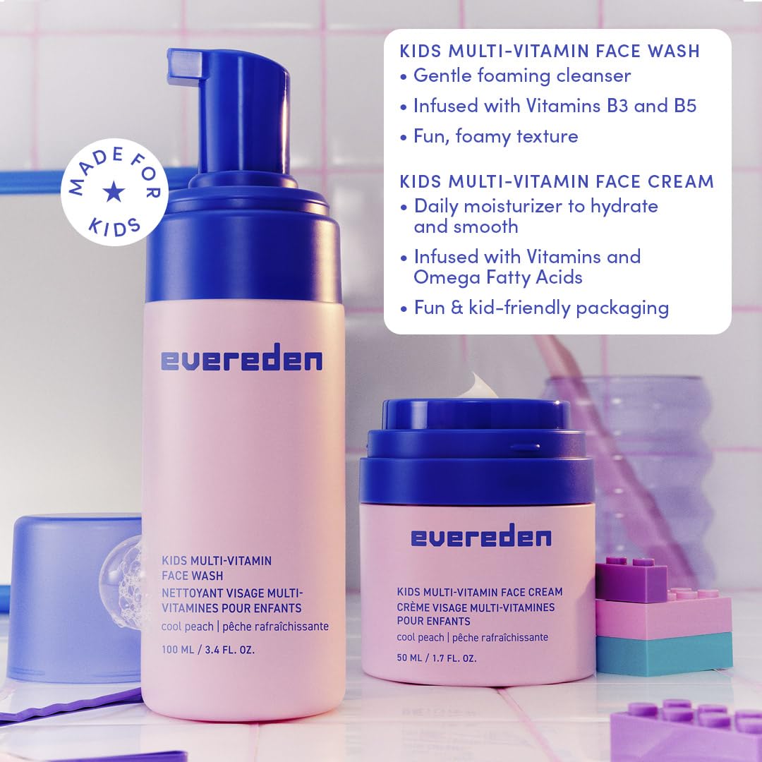 Evereden Happy Kids Skin & Lips Routine - Multi-Vitamin Face Wash & Face Cream Peach & Tinted Lip Oil Sakura Pink Set - Clean & Vegan Skin Care for Kids 3+ - Moisturizing, Nourishing, & Protective