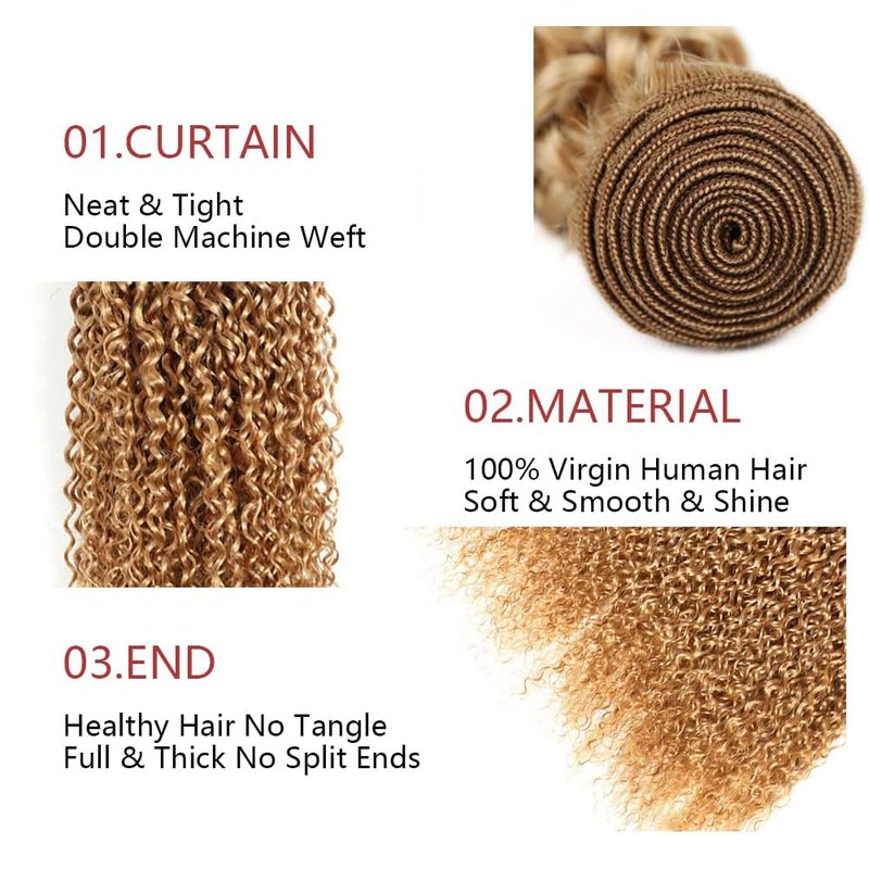 Human Hair Bundles - Honey Blonde Kinky Curly 14 Inch Unprocessed Brazilian Virgin Hair
