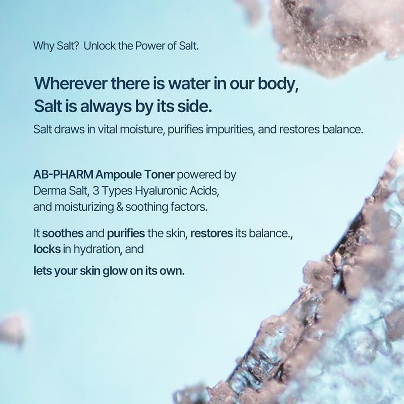 AB Pharm Derma Salt Hyalruronic Ampoule Toner, A Multi-Functional Toner, Deep Hydration Power, Sensitive Skin, Elasticity, Vegan Certified, Korea No.1 Derma Salt Formula, Triple hyaluronic acids.