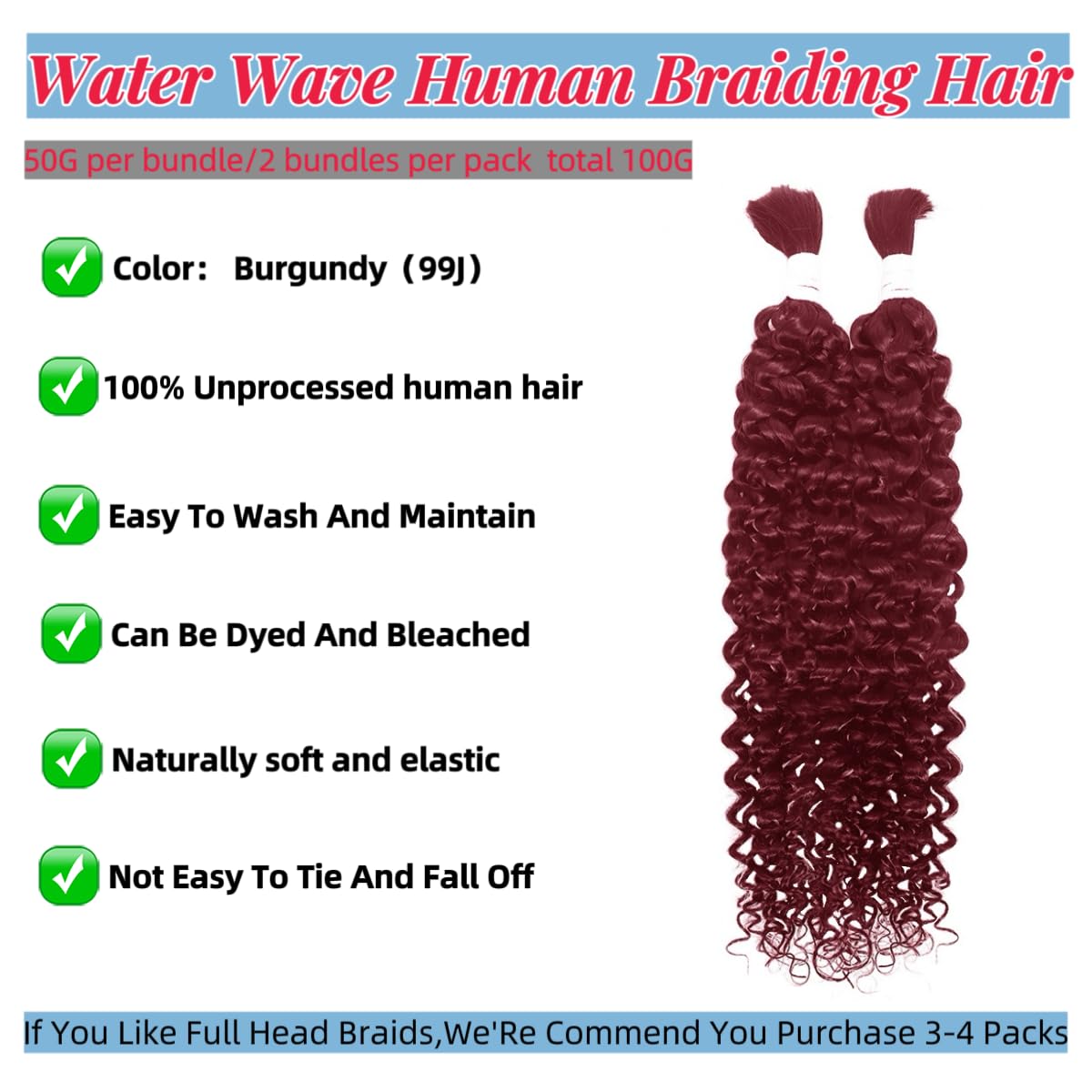 Human Braiding Hair Water Wave Bulk Human Hair for Braiding Bohemian Knotless 2 Bundles 100g 16inch No Weft 10A Brazilian Virgin Human Hair Extensions Curly Bulk Human Hair for Boho Braids