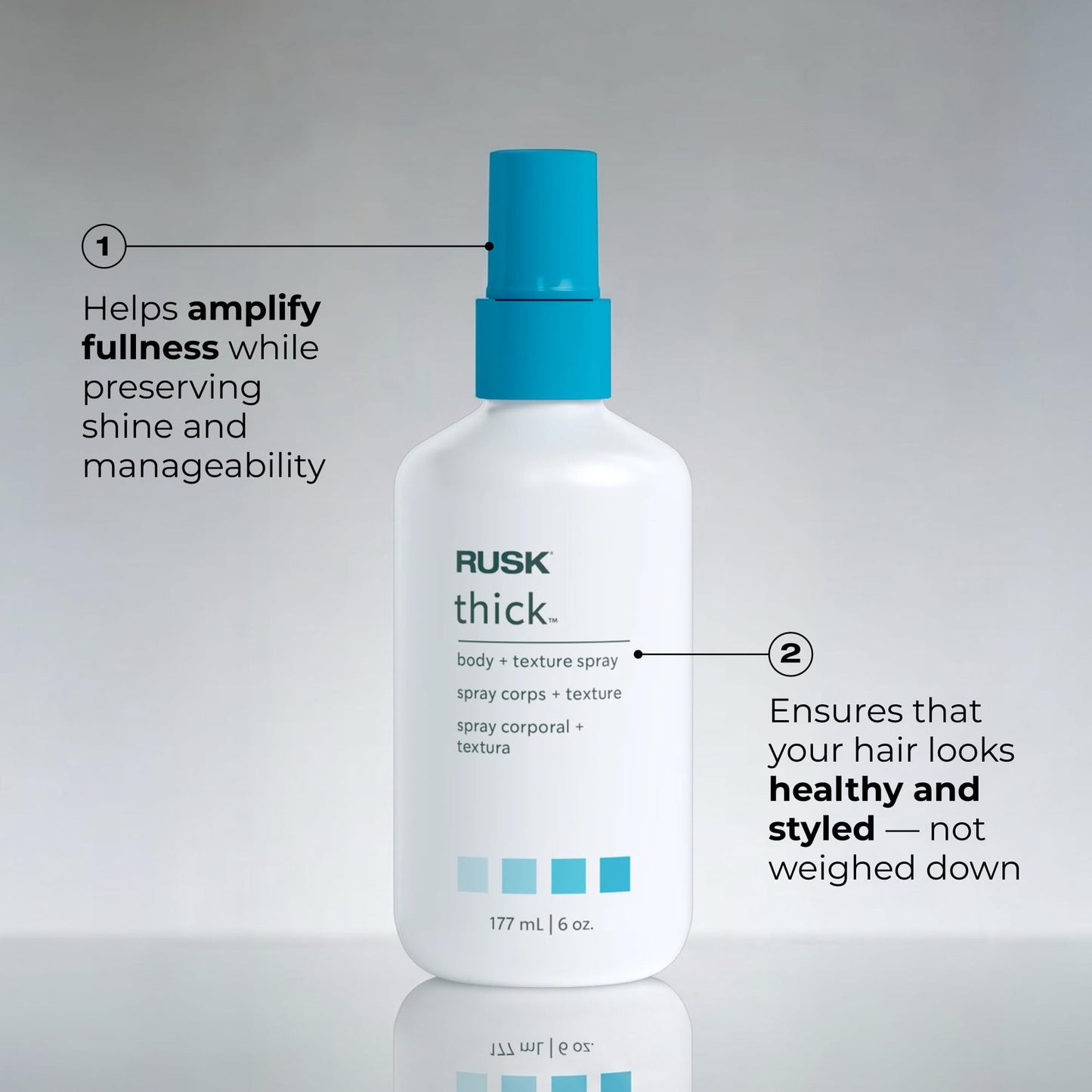 RUSK Designer Collection Thick Body and Texture Amplifier Spray, 6 Fl Oz, For Fine, Limp, Flat or Lazy Hair Types - Contains Wheat Protein, Adds Strength, Texture, Volume & Moisture