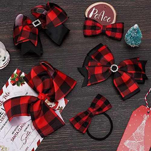 Whaline 9Pcs Christmas Buffalo Plaid Hair Bow Accessories Include Red Black Checkered Ribbon Hair Clips, Headband and Hair Scrunchies Christmas Barrette Ties for Girl Woman Teen Xmas Party Hair Gifts