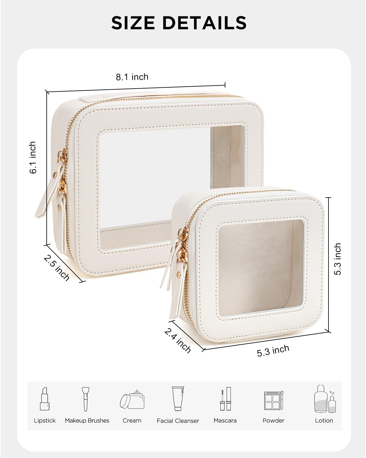 KOTORA Clear Makeup Bag Organizer Set,Portable Travel Toiletry Case for Women, Vegan Leather Cosmetic Pouch Car Bag for Essentials Car Accessories for Women Girls(White)