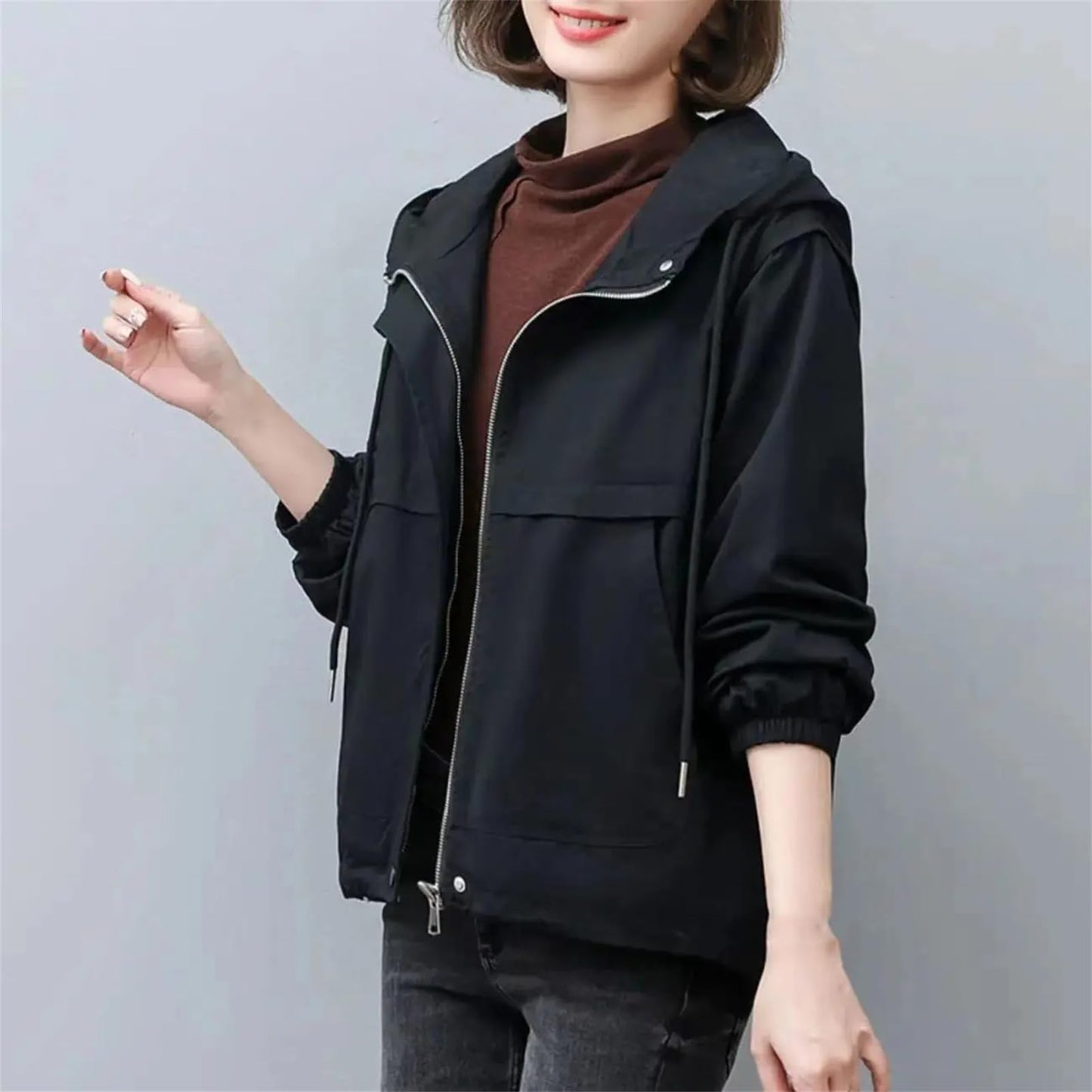 Women Trench Coat Single Long-Sleeved Short Hooded Windbreaker Outwear Coats