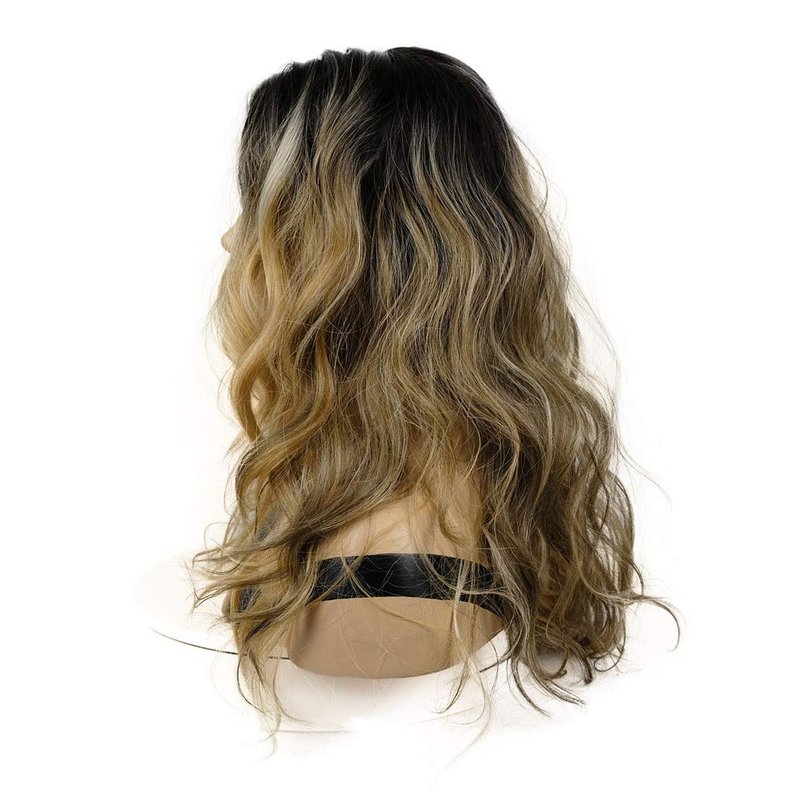 Long Curly Wavy Synthetic Wig - Golden Brown with Dark Roots | Stylish Hairpiece for Women
