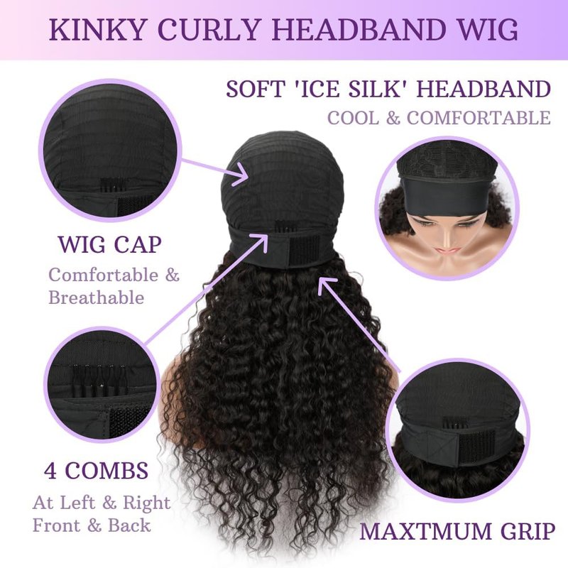 CYIKLI Kinky Straight Headband Wig 16 Inch Human Hair Headband Wigs for Black Women Glueless Yaki Straight Human Hair Headband Wigs Natural Black color