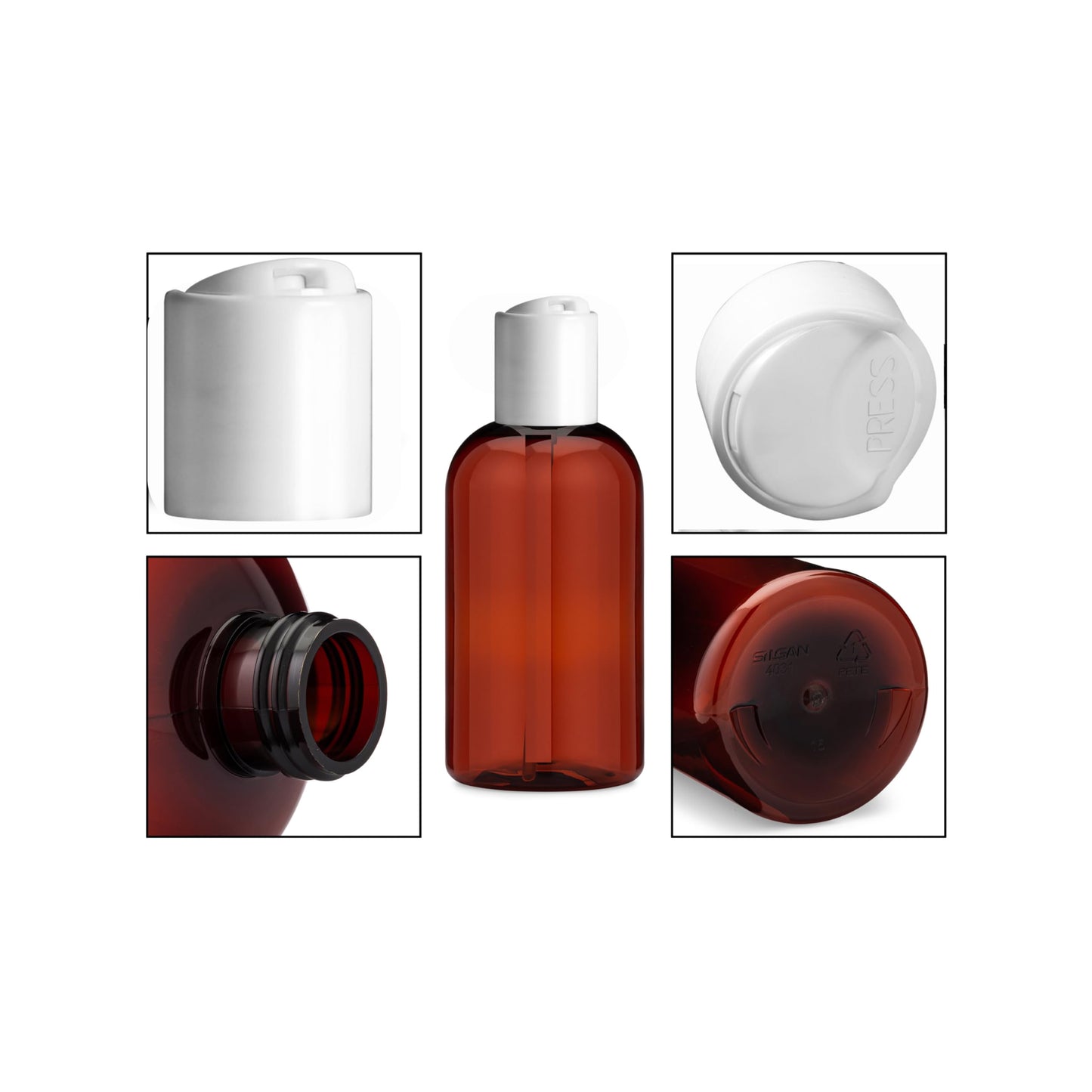 Baire Bottles - 16 oz Refillable Plastic Bottles with Disc Lids - 6 Pack with Waterproof Labels - Organize Soap, Shampoo, Lotion - PET, Lightweight, BPA Free (Amber/Brown, White Disc, Damask Labels)