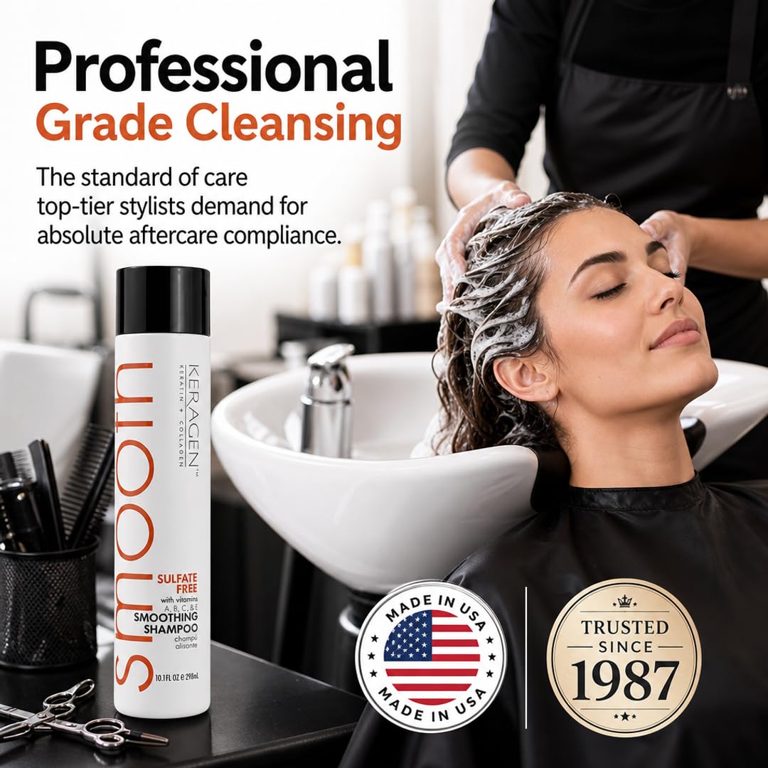 KERAGEN Sulfate-Free Smoothing Shampoo – Dual-Protein Formula for Color-Treated & Damaged Hair | Frizz Control, Heat Protection | Professional & At-Home Use | Made in USA | 10 oz